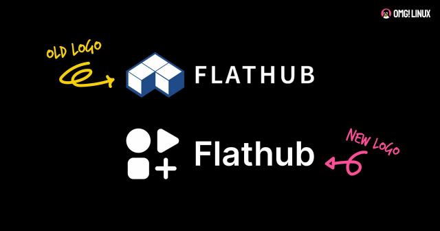 a comparison graphic showing the existing flathub logo (with a yellow arrowing pointing to it) and the new logo (with a pink arrow pointing at it).