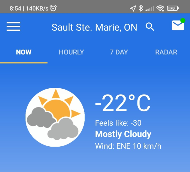 Weather for Sault Ste Marie, Ontario. Temperature: -22C. Wind: ENE 10 km/h. Feels like: -30.