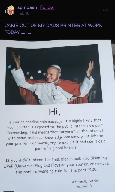 A printed image of the Pope, with a reminder to block the printer's port that is open over the Internet.