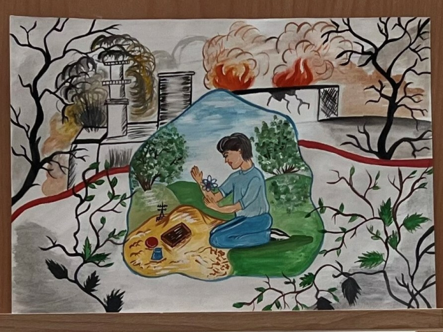 A drawing made by 9-year-old Andrii shows a coloured bubble with a child playing in a sandbox while holding a flower. Outside the bubble, there are gloomy scenes of destruction and fires.