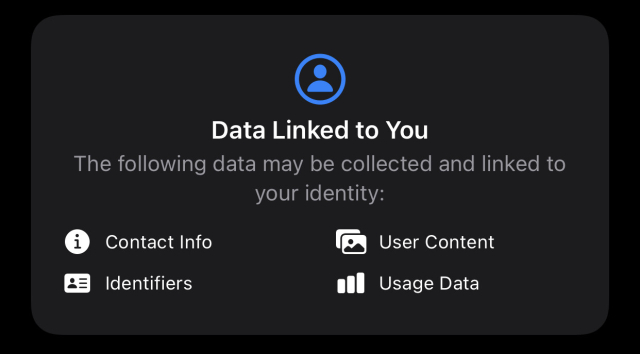 Data Linked to You
The following data may be collected and linked to your identity:
Contact Info
Identifiers
User Content
Usage Data
