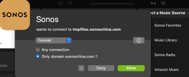 A screenshot of the Little Snitch firewall for Mac OS asking whether to allow Sonos to connect to sonoschina.com.