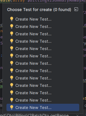An IDE popup for creating a new test showing a long selection of items all labeled as "Create New Test" and without any clue what kind of test the item creates.