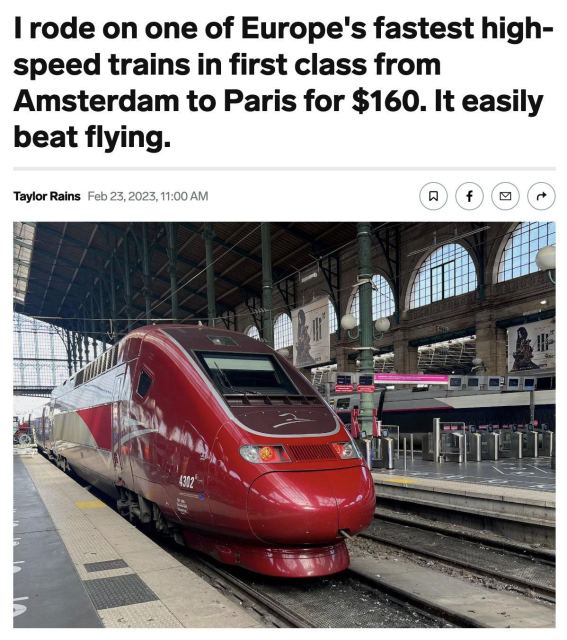 I rode on one of Europe's fastest high- speed trains in first class from Amsterdam to Paris for $160. It easily beat flying. Taylor Rains Feb 23,2023,11:00 AM