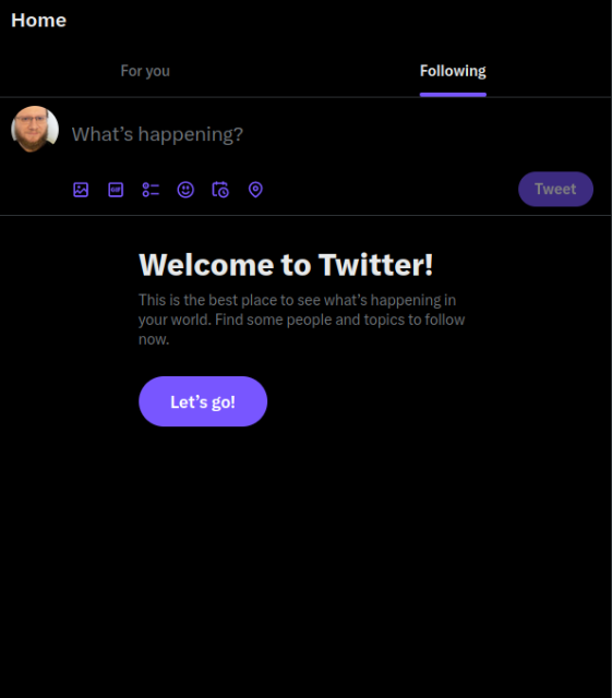 Twitter blocking my "Following" chronological timeline with an onboarding screen on an account created in 2008