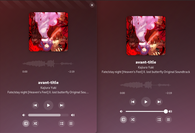 A composite image of the development version of Amberol (on the left) side by side with the current stable version of Amberol (on the right). The development version sports a different layout of the controls, with the waveform of the song above the song details, and a volume control that is similar to a scrollbar indicator.