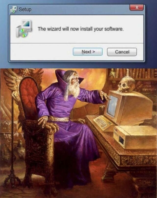 Software installation prompt reading 'the wizard will now install your software' above a painting of a bearded man in arcane robes sitting at a 1980s style computer 