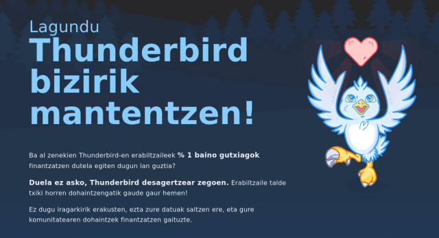 Thunderbird bizirik mantentzeko kanpainaren weborria. 
Txoritxo bat agertzen da bihotz batekin.