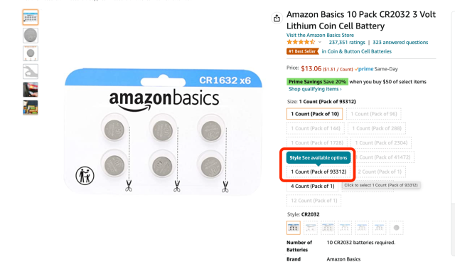 Amazon listing for 2032 style batteries with a highlighted variant for 93312 batteries in a single pack.