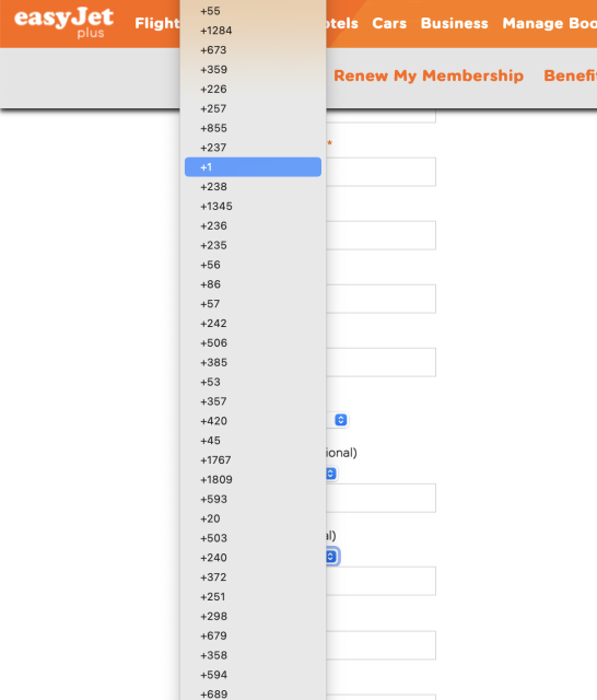 Popup list of phone prefixes (+1, +238, etc.) for the user to select. They are not in numerical order.