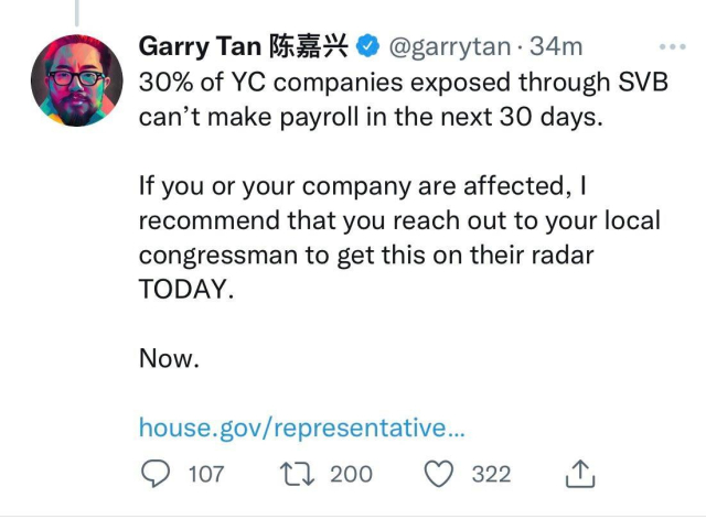 Screenshot of a tweet by Garry Tan (@garrytan). Text:

30% of YC companies exposed through SVB can’t make payroll in the next 30 days.

If you or your company are affected, I recommend that you reach out to your local congressman to get this on their radar TODAY.

Now.

house.gov/representative...