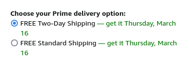 Amazon Prime delivery shows:
Two-Day Shipping by Thursday
Standard Shipping by Thursday

(We are Sunday)