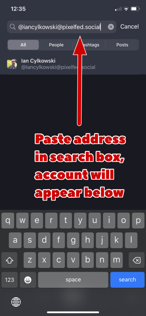 Screenshot of a Fediverse address pasted into the search box on Mastodon and a link to the account's profile has appeared below it.