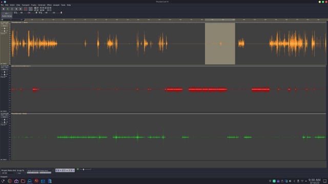 An Audacity project, with 3 separate wave forms being edited, representing 3 speakers on a podcast. 