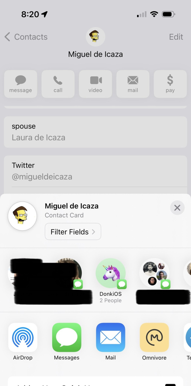 Contact app in iOS showing the share sheet, and a button “filter fields” at the top