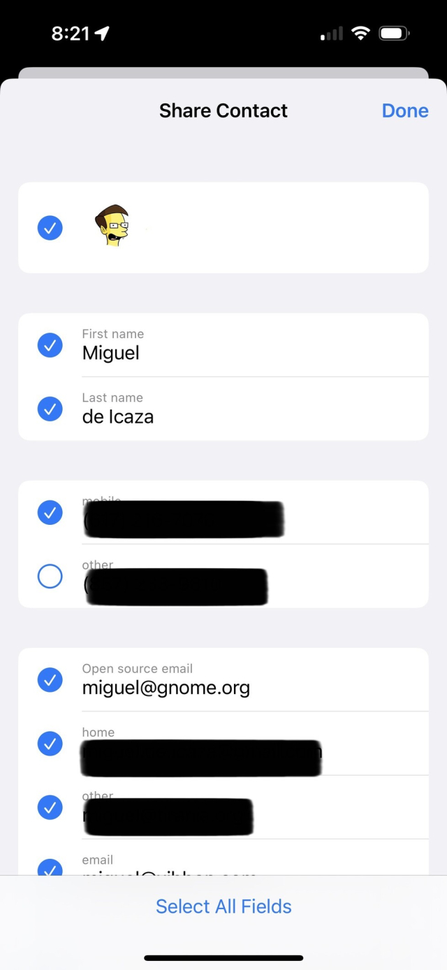 Contact information for Miguel de icaza with buttons to select items to share