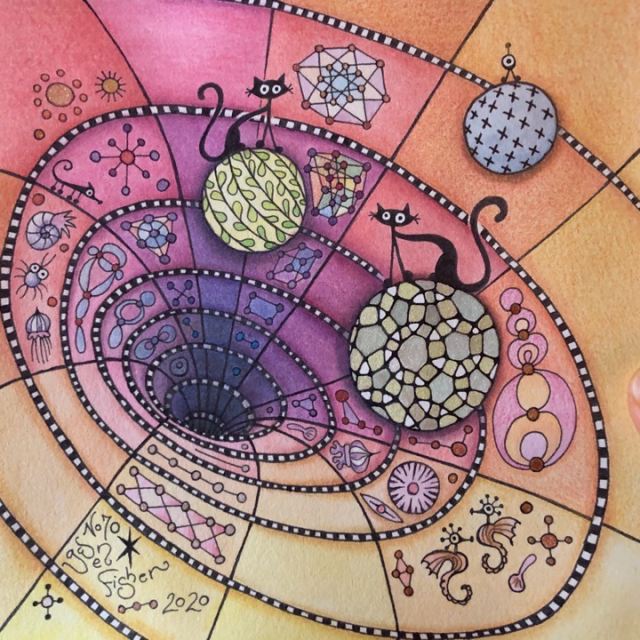 Painting of a black hole surface like a funnel, but it’s actually orange, pink and purple. Planets with geometric patterns float above the surface with cats sitting on top of them. The surface of the hole is gridded and decorated with doodles like plankton and networks. 