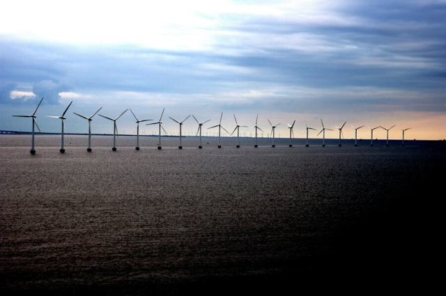 Wind Turbines in the sea near Trekroner Fort in Copenhagen, Denmark.