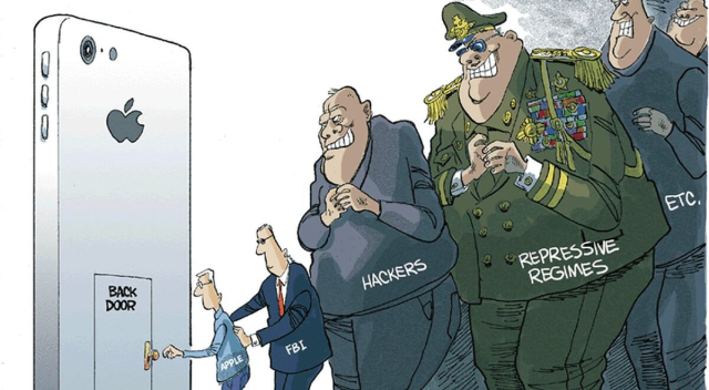 Cartoon showing Apple opening a backdoor to an iPhone while the FBI, Hackers, oppressive regimes etc are waiting in line for access.