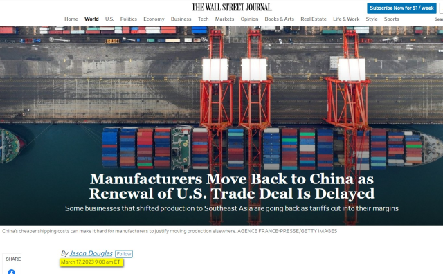 THE WALL STREET JOURNAL

Manufacturers Move Back to China as Renewal of U.S. Trade Deal Is Delayed Some businesses that shifted production to Southeast Asia are going back as tariffs cut into their margins China's cheaper shipping costs can make it hard for manufacturers to justify moving production elsewhere.