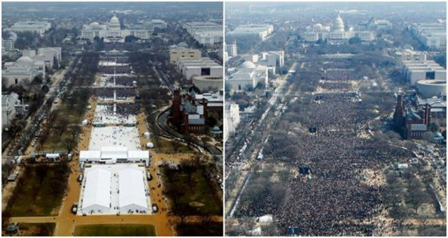 Comparativa de dos fotos panorámicas con las inauguraciones presidenciales de Trump y de Obama. En la de Obama hay mucha más gente.