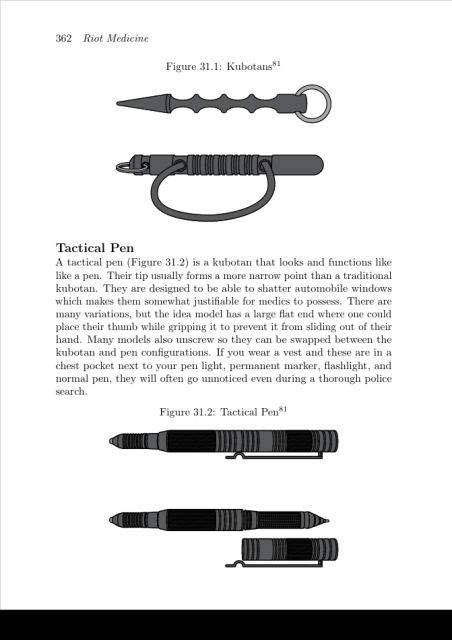 Section on self defense for medics with figures of kubotans and tactical pens.