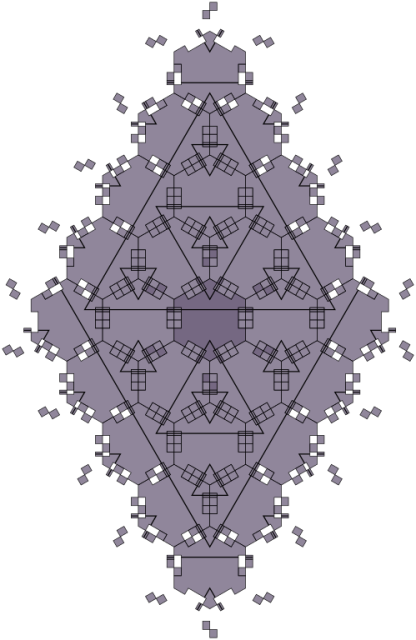 A mathematical diagram showing a small set of roughly hexagonal shapes linked together. The hexagons are copies of the "Taylor-Socolar tile", a shape that tiles the plane aperiodically when special matching conditions are taken into account.