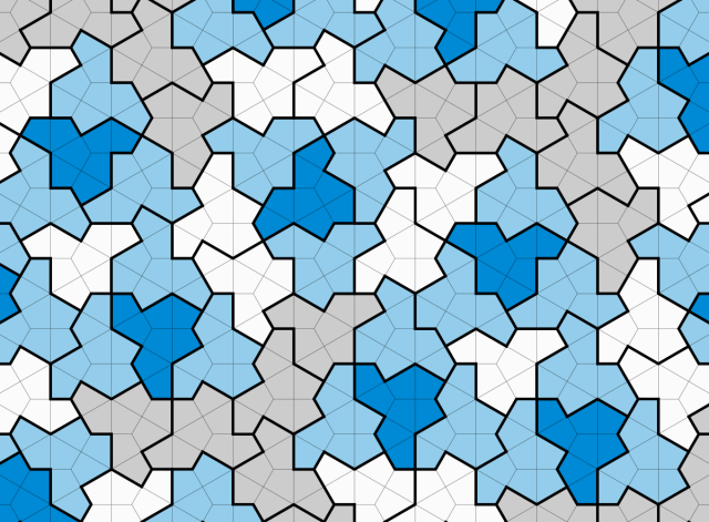 A small excerpt from a tiling by "the hat", a simple union of eight kites that only tiles the plane aperiodically. In this drawing hats are coloured dark blue, light blue, white, and grey, and each one has faint superimposed lines to show the kites that make it up.