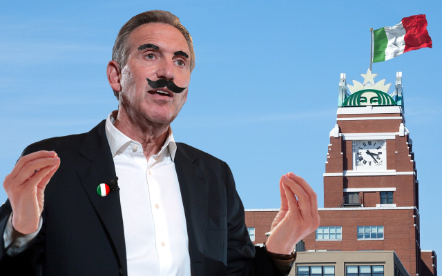 A man who looks like an Italianized Howard Schultz gesticulating in front of Starbucks' Seattle headquarters. 