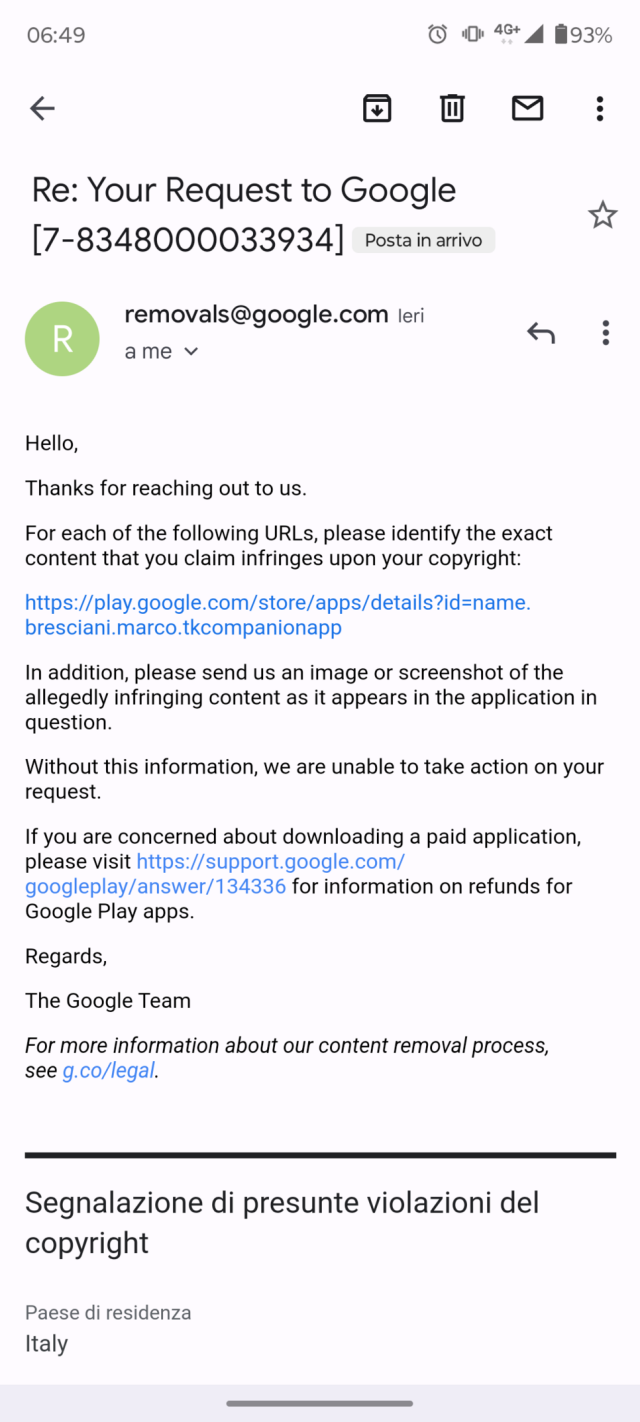 Google requesting a screenshot (!) for demonstrating a copyright violation.