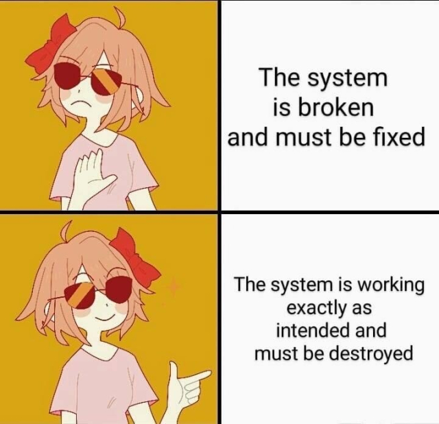Hell no slash hell yeah girl meme with “hell no” for “the system is broken and must be fixed” and “hell yeah” for “the system is working exactly as intended and must be destroyed”