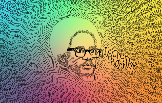 A pen and ink drawing of Rodney's head, with squiggly lines radiating from him. His name is written to his right, and there's a rainbow gradient in the background.