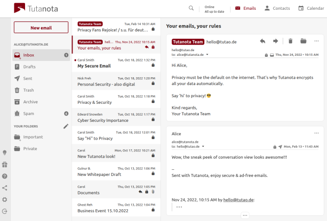 Screenshot of Tutanota with conversation view enabled