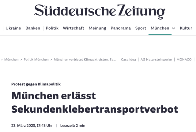 Protest gegen Klimapolitik
München erlasst Sekundenklebertransportverbot