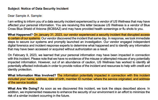A data breach notice that's highlighted with text that says: "On January 31, 2023, our vendor experienced a security incident that disrupted access to certain of our systems." and "The information potentially impacted in connection with this incident included your name, address, date of birth, member ID number, where the service originated, and address of the service location."