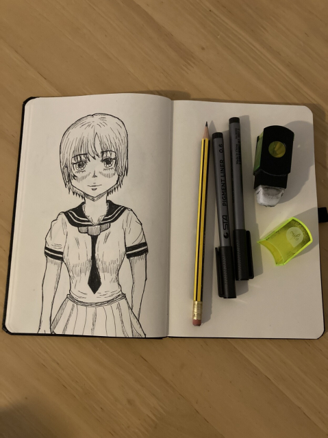 Sketchbook drawing with fineliners of a manga girl