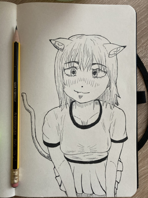 Fineliner drawing of a manga catgirl in a sketchbook