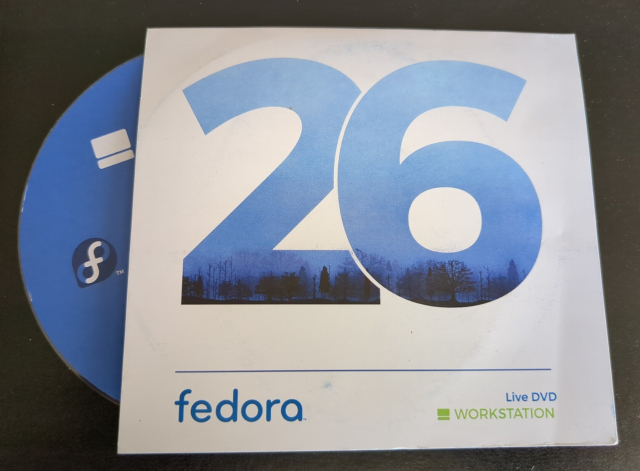 Fedora 26 Workstation Live DVD in sleeve.