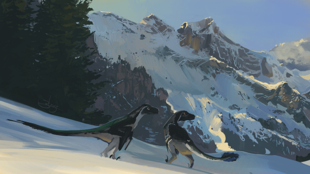 two feathered raptor-like dinosaurs standing on a snowy mountainside