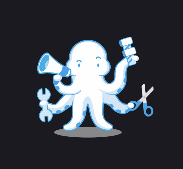 a ghost white octopus holding a megaphone, scissors, a wrench, and something I can't figure out. 