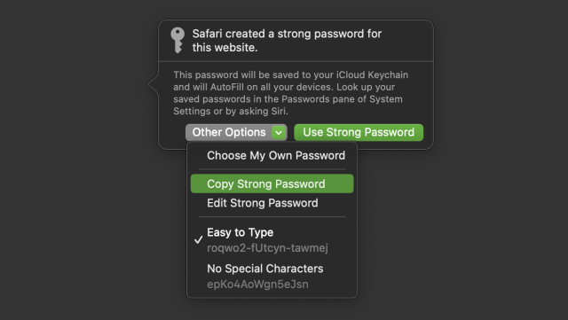 A screenshot of Safari on macOS suggesting a strong password on a web page. The “Other Passwords” menu has a “Copy Strong Password” option.