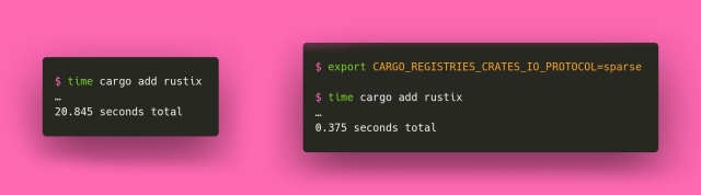 Two terminals side by side. Left:

$ time cargo add rustix
…
20.845 seconds total

Right:
$ export CARGO_REGISTRIES_CRATES_IO_PROTOCOL=sparse

$ time cargo add rustix
…
0.375 seconds total
