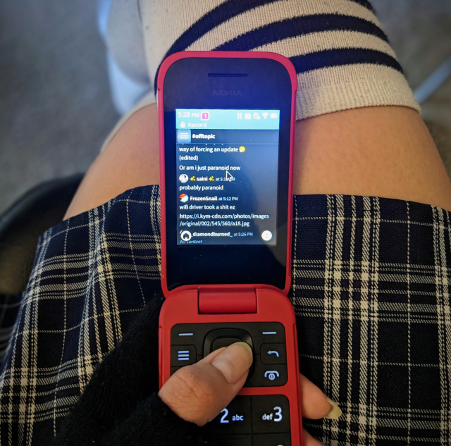 A Discord chat room displayed on a Nokia flip phone.
