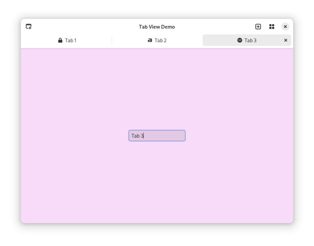 A screenshot of AdwTabView demo with the new header bar style