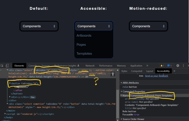 Chrome dev tools open to show the menu is made up of a div with tabindex holding a button, no aria-expanded, a CSS variable of --a11y, and an accessible name made up of the text from all the nested nodes instead of just the visible label.