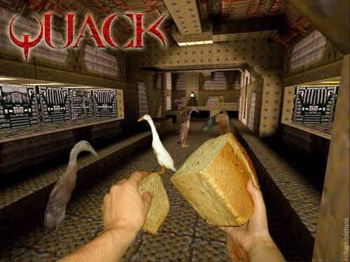 Quake screenshot but title Quack. Enemies are birds and your weapon... bread.