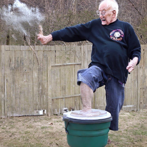 Stable Diffusion: An elderly man kicking a bucket.
