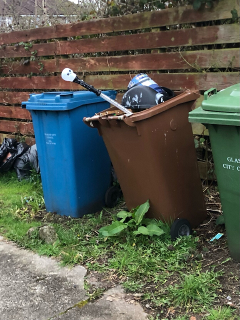 A series of wheelie bins in a garden, one of them has what looks like a sword with a big skull on the hilt sticking out of it