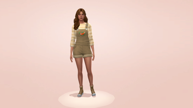 Full body picture of a woman with long brown hair, greyish-green eyes, and freckles. She is wearing tan overalls and a cream & yellow striped sweater.