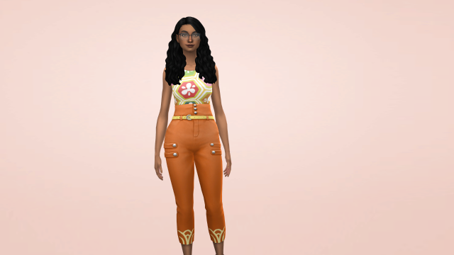 Full body screenshot of a brown-skinned woman with wavy black hair, hazel eyes, black glasses, and a scar on the bottom of her cheek. She is wearing an outfit with a patterned top and orange pants with yellow highlights.